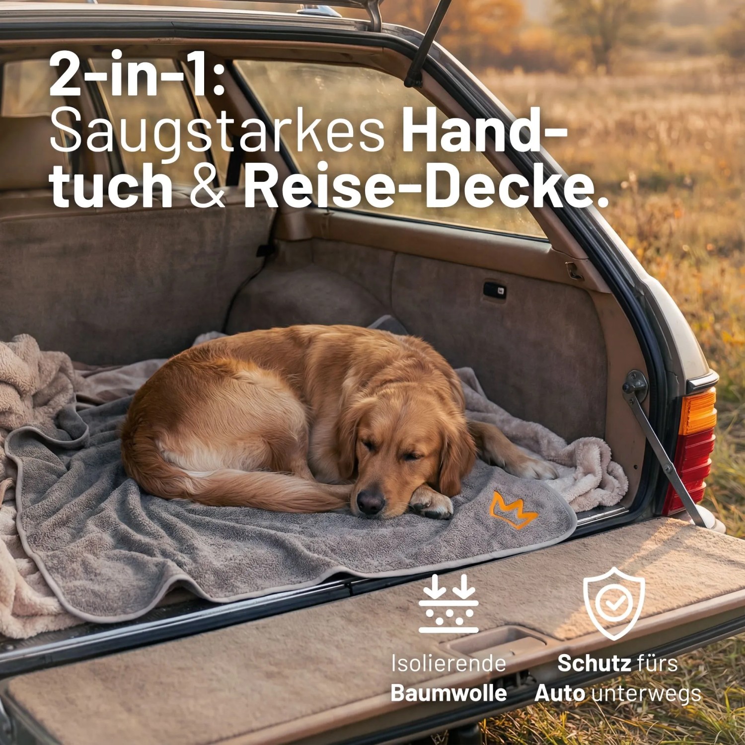 Schlafender Golden Retriever auf grauem, saugstarkem Rudelkönig Hundehandtuch aus Baumwolle im Kofferraum. Reisedecke & Autoschutz.