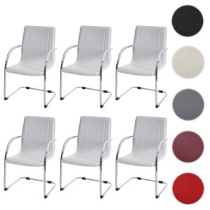 6er-Set: Weiße MCW Esszimmerstühle Perm mit Armlehnen und verchromtem Gestell.