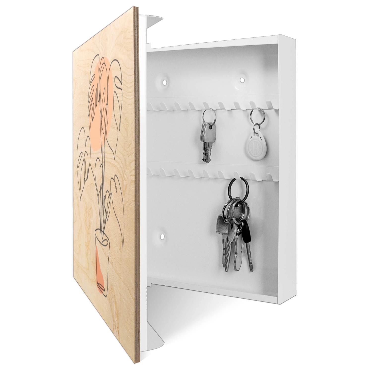 Weißer Schlüsselkasten mit Monstera Motiv, 30x30cm, 50 Haken für Schlüsselaufbewahrung.