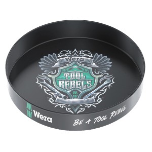 Schwarzes Serviertablett mit "Tool Rebels" Logo, passend zum Wera Schraubendreher-Set.
