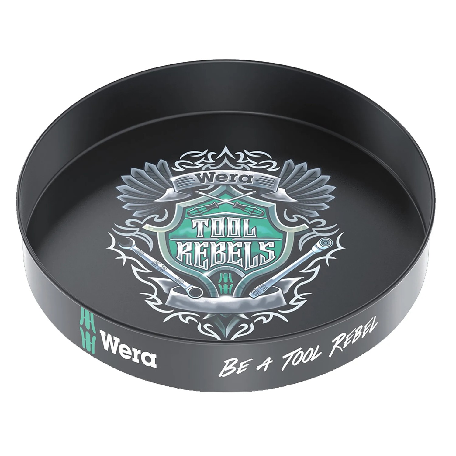 Schwarzes Serviertablett mit "Tool Rebels" Logo, passend zum Wera Schraubendreher-Set.