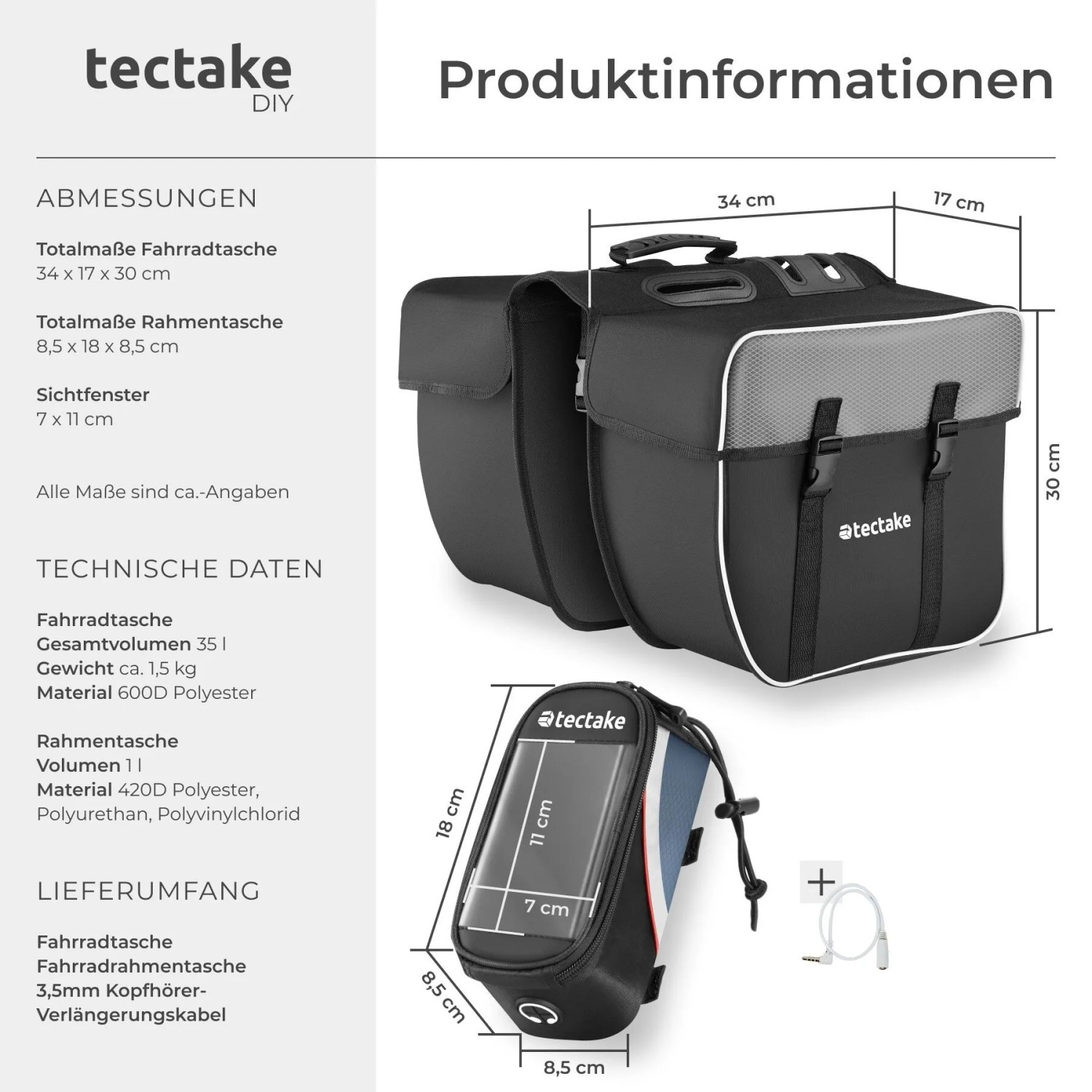 Tectake Set Fahrradtasche Georg und Fahrradrahmentasche  Große Fahrradtasche Mit 2 Fächern Rahmentasche Mit Touch Handyfach 18 x 8 5 x 8 5 cm 18 x 8 5_6