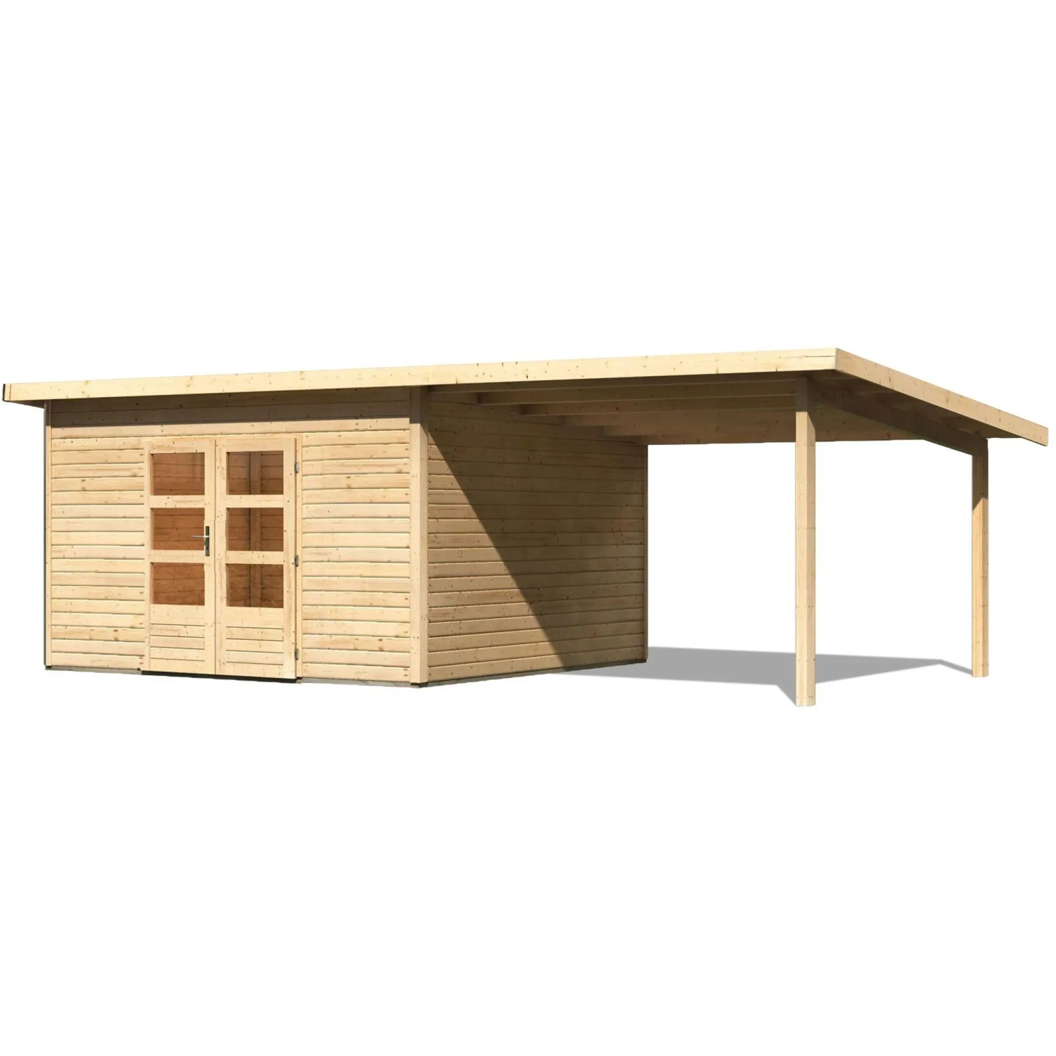 Karibu Holz-Gartenhaus Karlskoga mit Pultdach und Anbau, unbehandelt.
