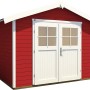 Weka Gartenhaus 122, rot lasiert mit Satteldach und weißer Doppeltür.