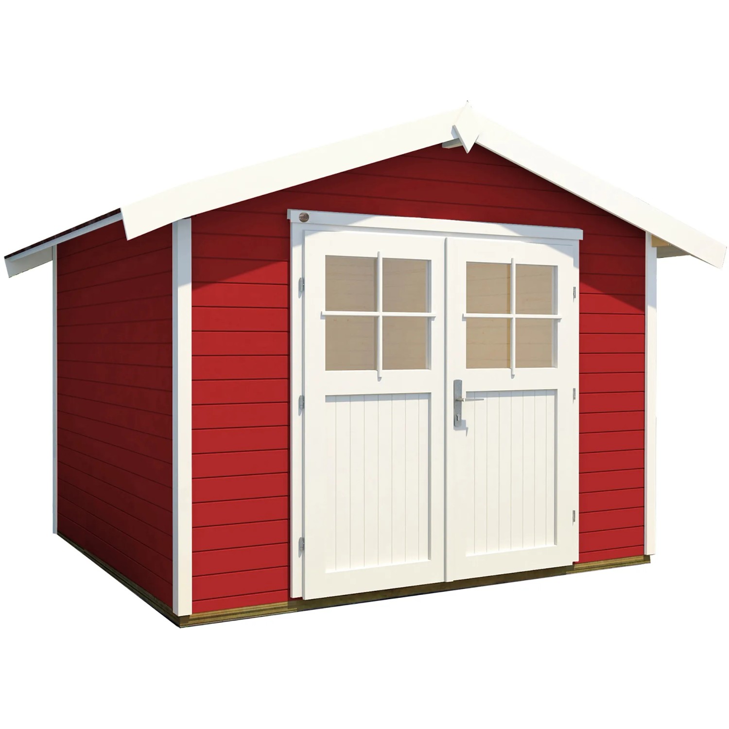 Weka Gartenhaus 122, rot lasiert mit Satteldach und weißer Doppeltür.