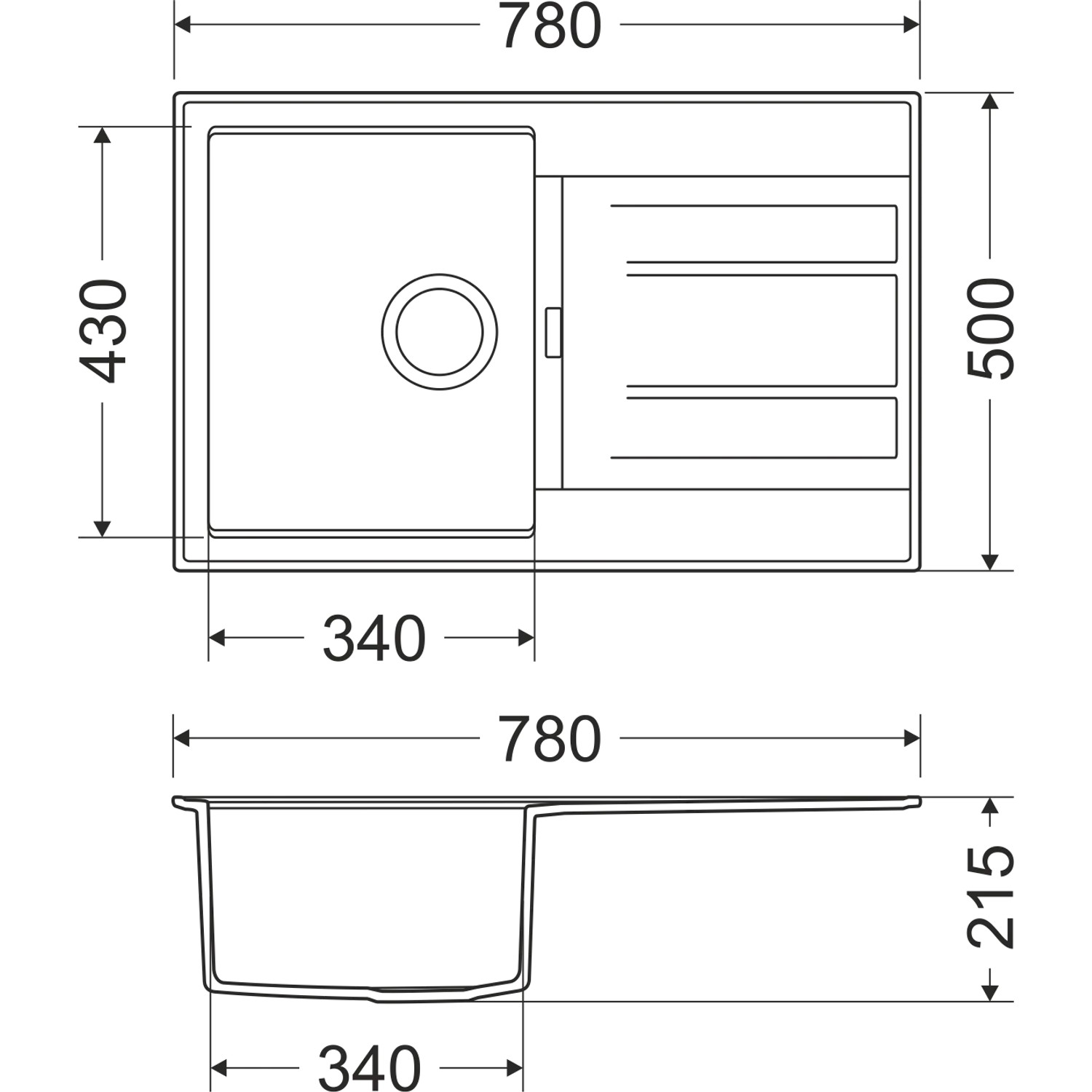 Technische Zeichnung der Miló Einbauspüle Piatto 78 in Sandbeige mit Maßangaben.