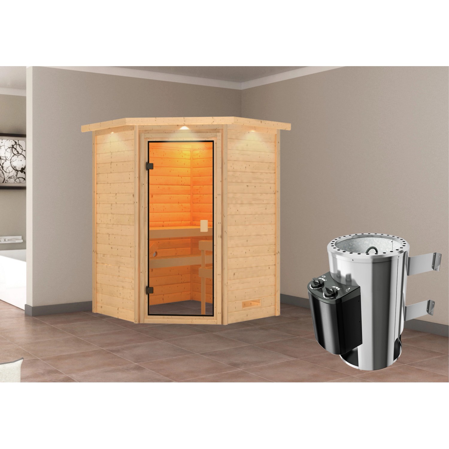 Karibu Sauna Antonia mit Ofen intergrierte Stg.LED-Dachkranz Natur