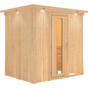 Karibu Sauna mit LED-Dachkranz aus naturbelassener Fichte, Elementsauna mit Glastür und Innenansicht.