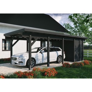Kiehn-Holz Geräteraum für Einzelcarport KH 321, anthrazit, mit Auto im Carport.
