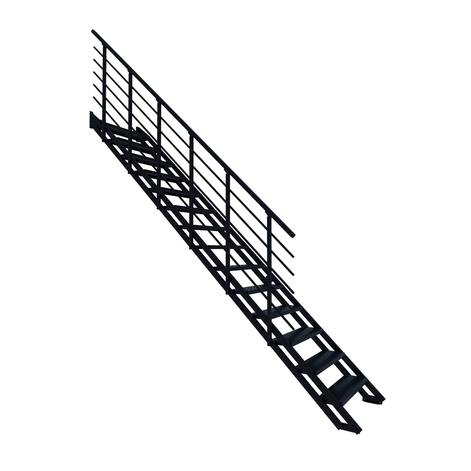 Schwarze Minka Flex Zink Außentreppe mit 14 genoppten Metallstufen und Geländer für den Außenbereich.