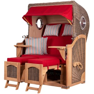 Komplettset: Grauer Strandkorb Ammersee aus Teak mit Bullauge, ausziehbaren Fußstützen und roter Polsterung.