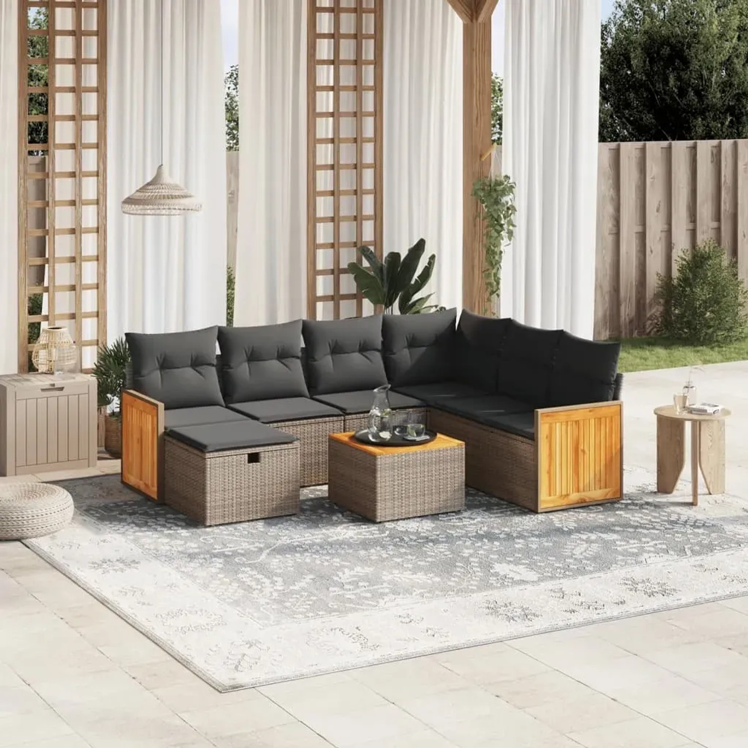 Graue 8-tlg. vidaXL Garten-Sofagarnitur aus Poly Rattan mit Kissen.
