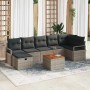 Graues 8-teiliges vidaXL Garten-Sofa-Set aus Poly Rattan mit Kissen und Stauraum.