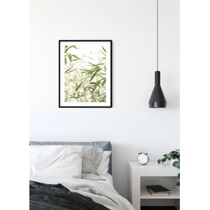 Wandbild Bamboo Leaves (40x50 cm) mit grünen Bambusblättern im schwarzen Rahmen.