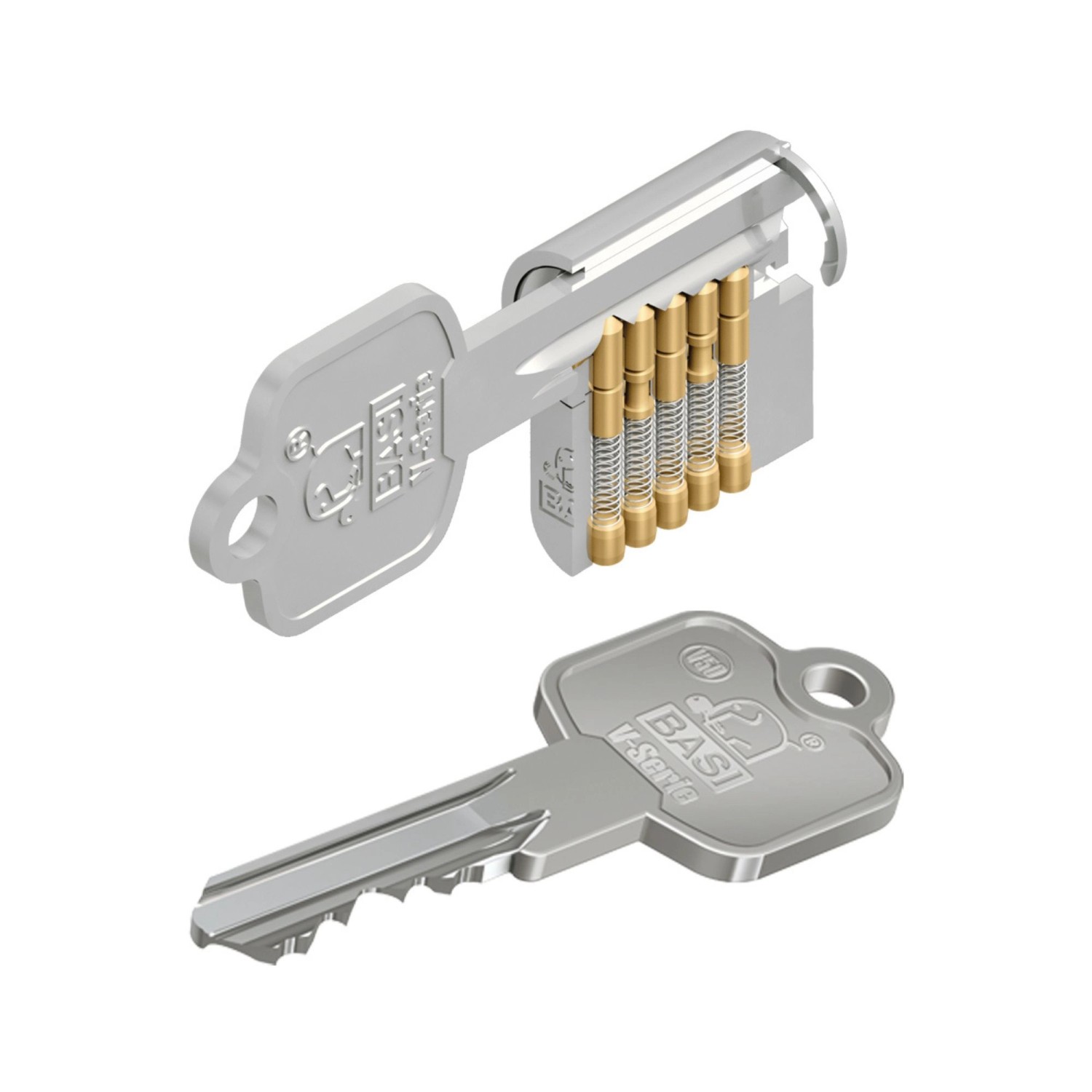 Basi V50 Profilzylinder mit Schlüssel, Schnittansicht der Stiftzuhaltungen.