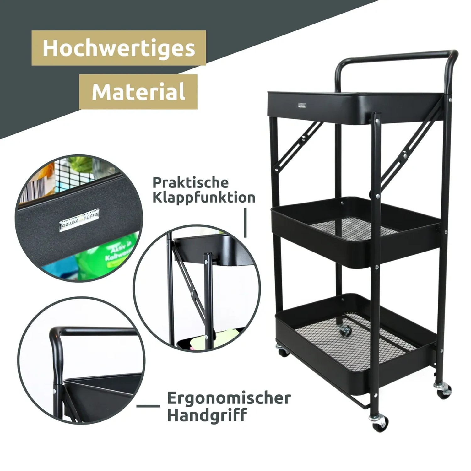 Schwarzer, klappbarer deluxe4home Rollwagen mit 3 Ebenen und Rollen. Ideal als Bad-Standregal.