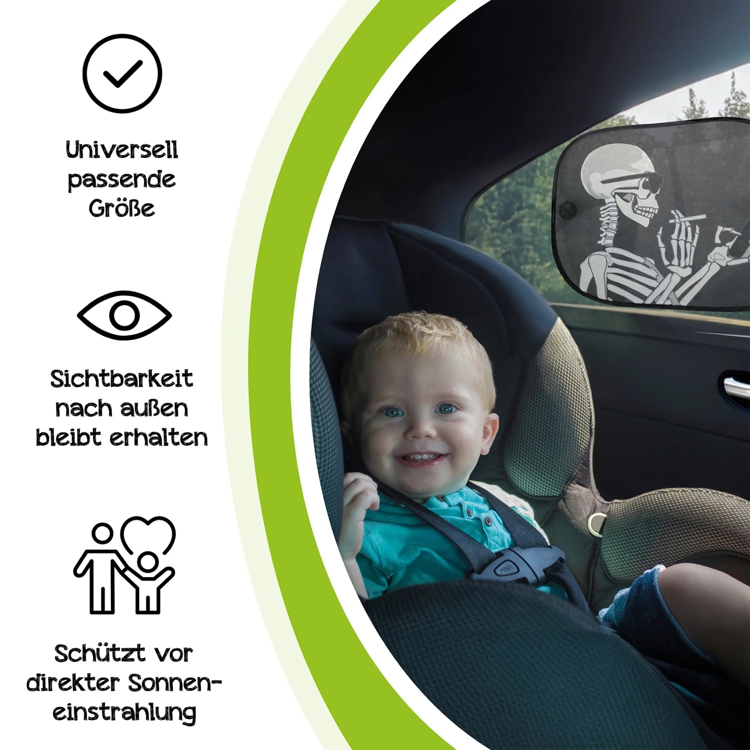 OKCars Sonnenschutz mit Skelett-Motiv an Autoscheibe, Kind im Autositz.