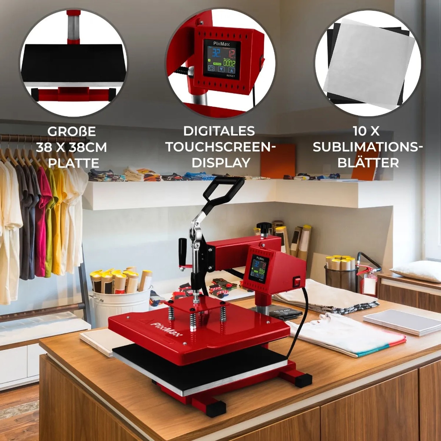 Rote Monstershop Transferpresse 38x38cm mit digitalem Display und Sublimationsblättern für kreatives Gestalten.