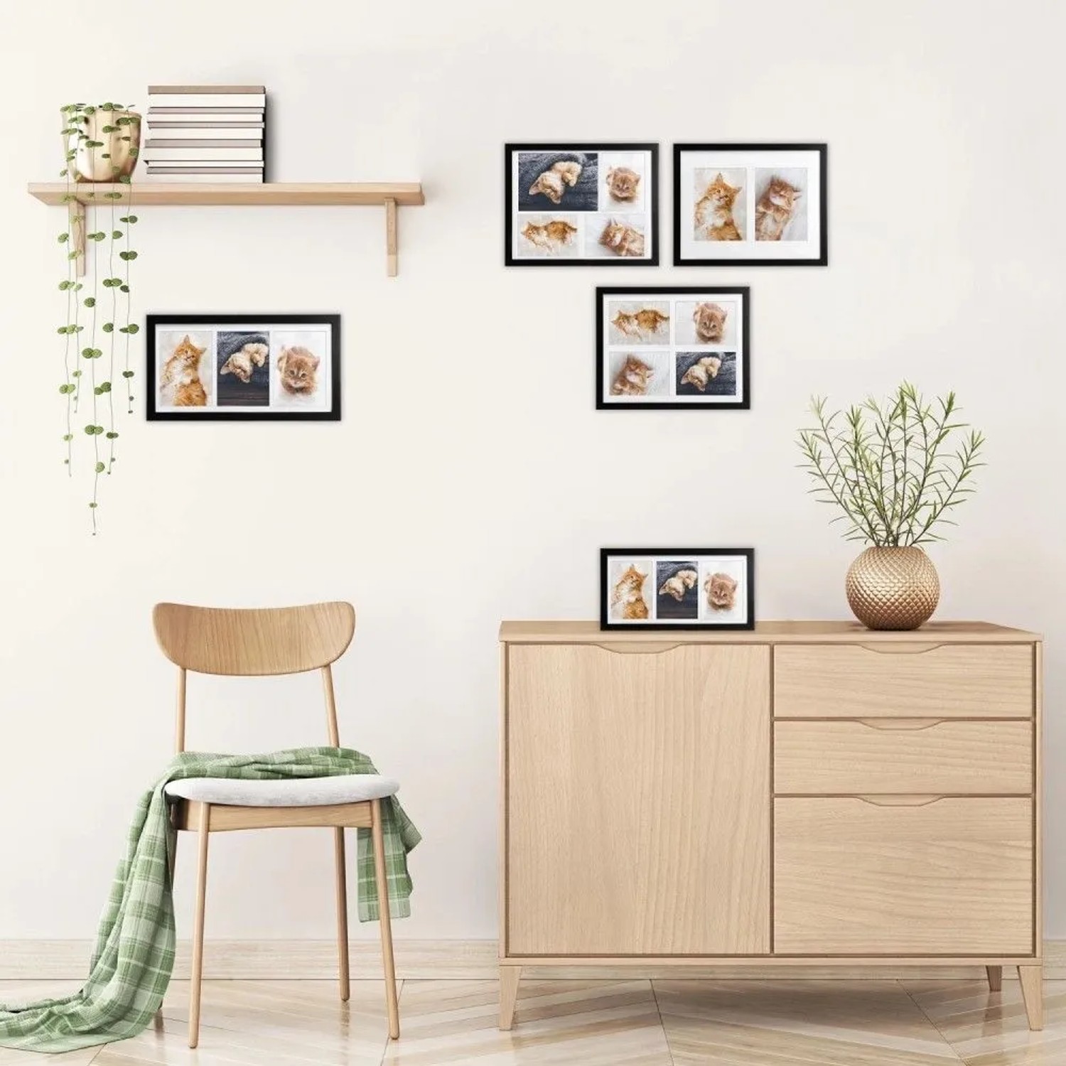 Bomoe Galeria Bilderrahmen für 3 Fotos (10x15cm) in Schwarz an einer Wand.