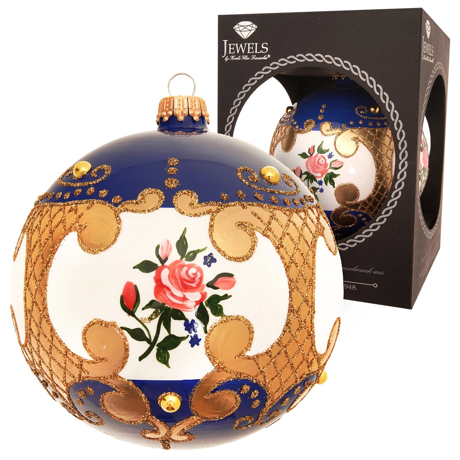 Krebs Glas Lauscha Weihnachtskugel Rosendesign Barock Blau 10cm