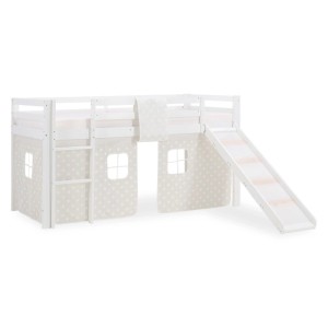 Weißes Hochbett 90x200 mit Leiter, Rutsche und hellgrauem Sternen-Vorhang. Ideal als Kinder- oder Abenteuerbett.