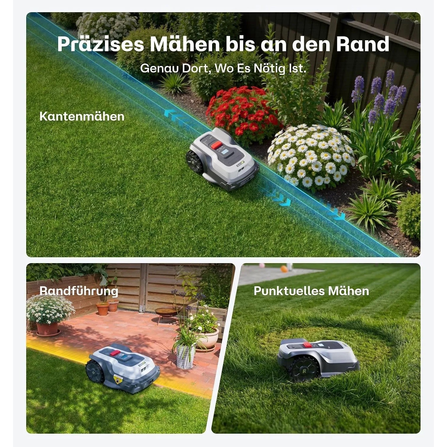 RoboUP T600 Mähroboter: Präzises Kantenmähen, Randführung und punktuelles Mähen im Garten.
