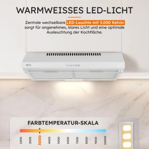 Weiße NEG Unterbau Dunstabzugshaube mit warmweißem 3000K LED-Licht, das die Kochfläche optimal ausleuchtet.
