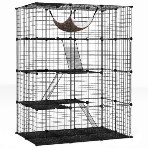 Schwarzer, 4-stöckiger Costway Katzenkäfig mit Liegefläche, Kletterleitern und Plattformen.