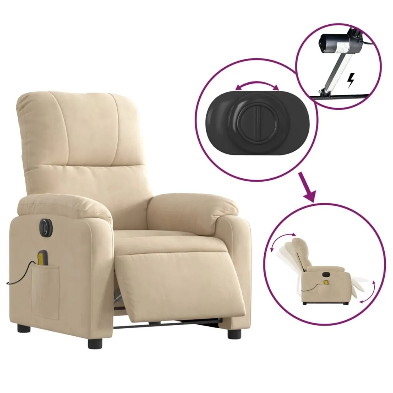 Cremefarbener Massagesessel mit Aufstehhilfe und elektrischer Verstellung aus Mikrofaser.