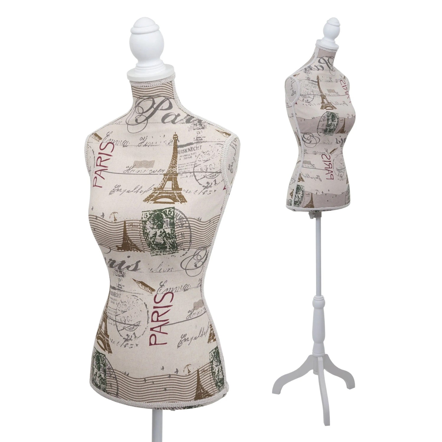 Höhenverstellbare Schneiderpuppe T220, weiblicher Torso mit Paris-Muster, Stoffbezug, weißem Holzdreibein und Knauf.
