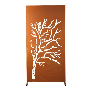 Rostfarbene Ferrum Art Sichtschutzwand Weide mit Baum-Motiv für den Garten.