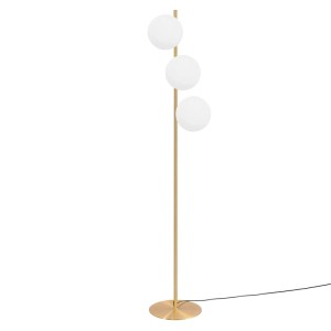 Moderne goldene 3-flammige Stehlampe mit drei weißen Glaskugeln und E27-Fassung für Wohnzimmer.