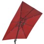 Roter MCW Ampelschirm 3x3m mit stabilem Aluminiumgestell und Kurbelmechanismus, von unten sichtbar. Sonnenschutz.
