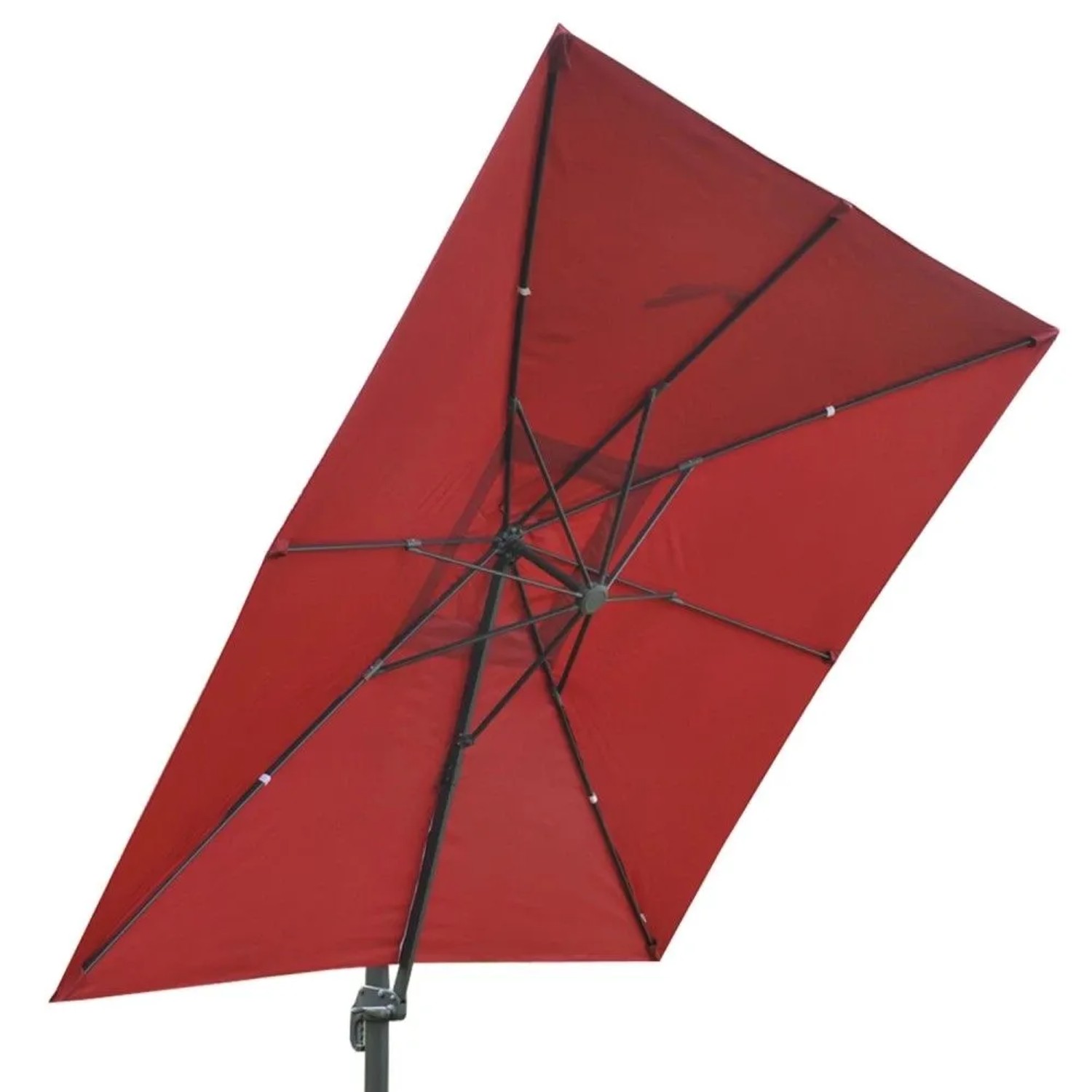 Roter MCW Ampelschirm 3x3m mit stabilem Aluminiumgestell und Kurbelmechanismus, von unten sichtbar. Sonnenschutz.
