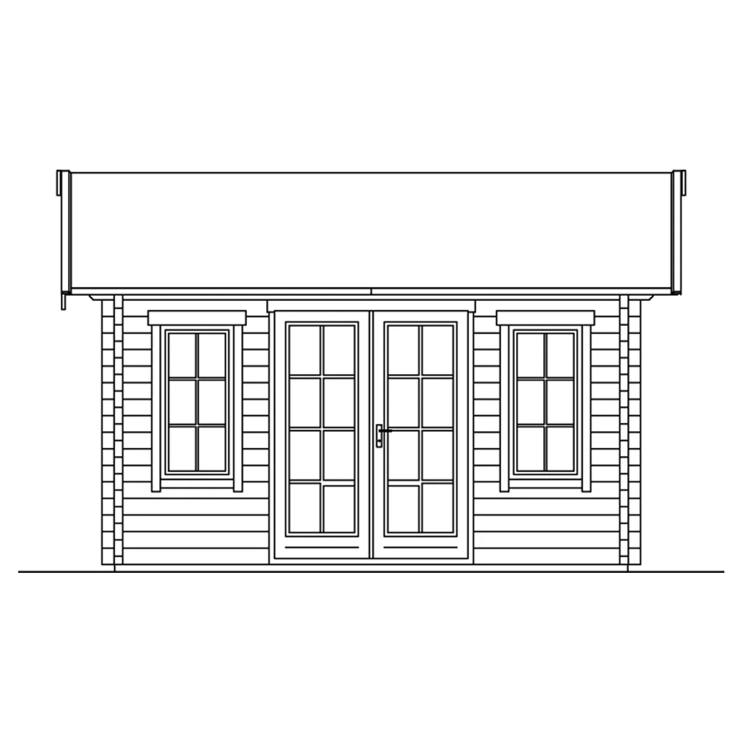 Illustration: Skan Holz Gartenhaus Montral 2, naturbelassen, mit Doppeltür und Fenstern.