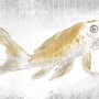 Komar Vlies Fototapete Golden Koi, goldener Koi-Karpfen auf grau-weißem Grund.