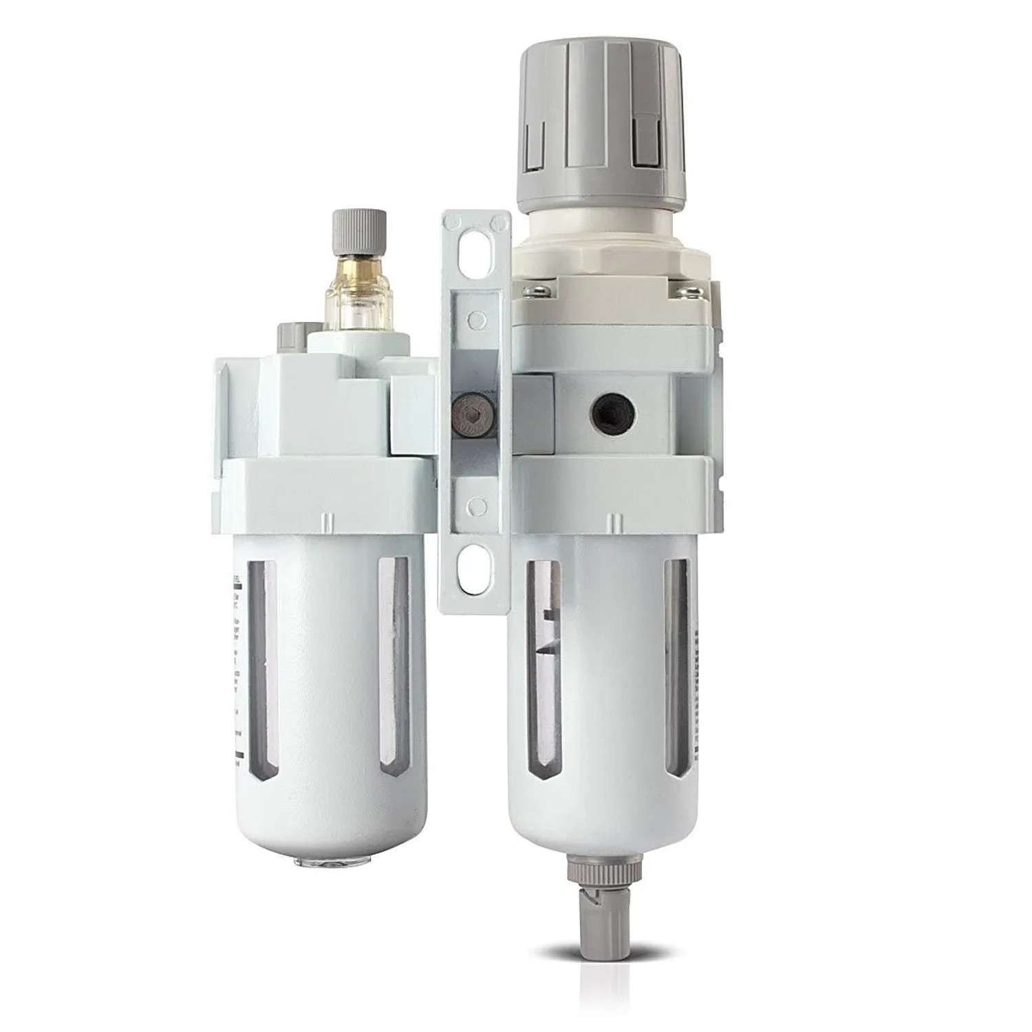 Weiße STAHLWERK Wartungseinheit mit Öler, Wasserabscheider und Druckluftfilter für Kompressoren bis 10,5 bar.