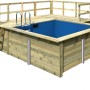 Karibu Holzpool mit blauer Innenhülle, Terrasse und Leiter. Kesseldruckimprägniert für lange Lebensdauer.