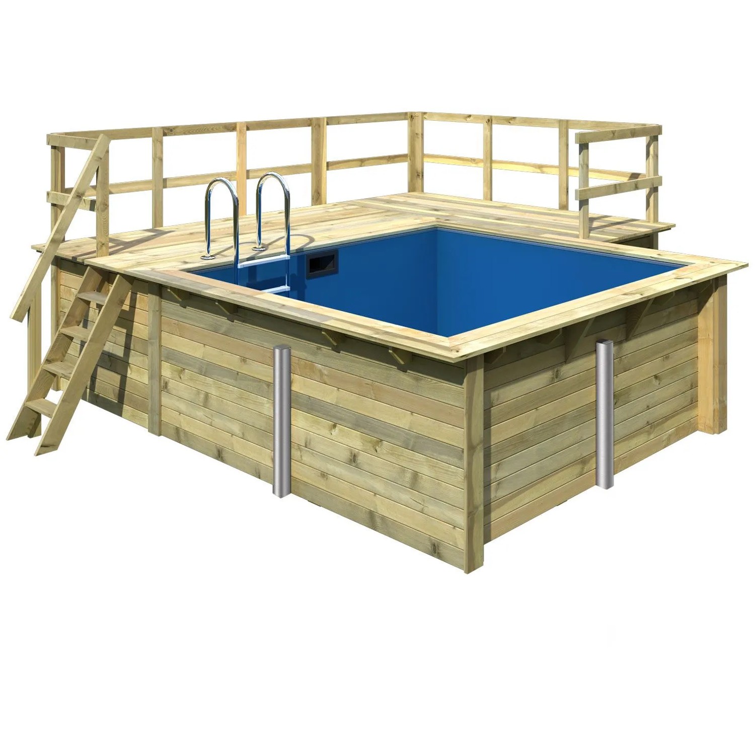 Karibu Holzpool mit blauer Innenhülle, Terrasse und Leiter. Kesseldruckimprägniert für lange Lebensdauer.