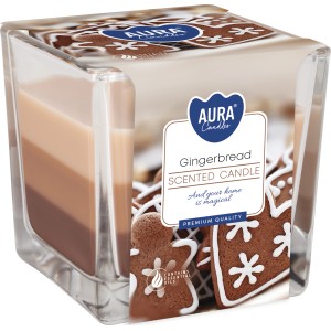 Dreifarbige Duftkerze Lebkuchen im Glas, 8x8x8 cm, für gemütliche Adventszeit.