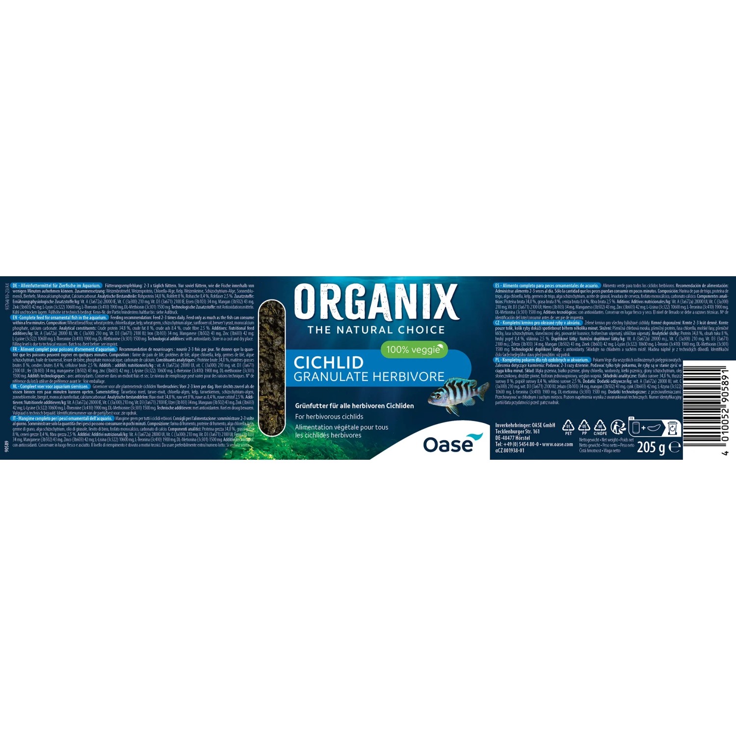 Oase Organix Cichlid Granulate Herbivore Fischfutter, 500ml Packung.