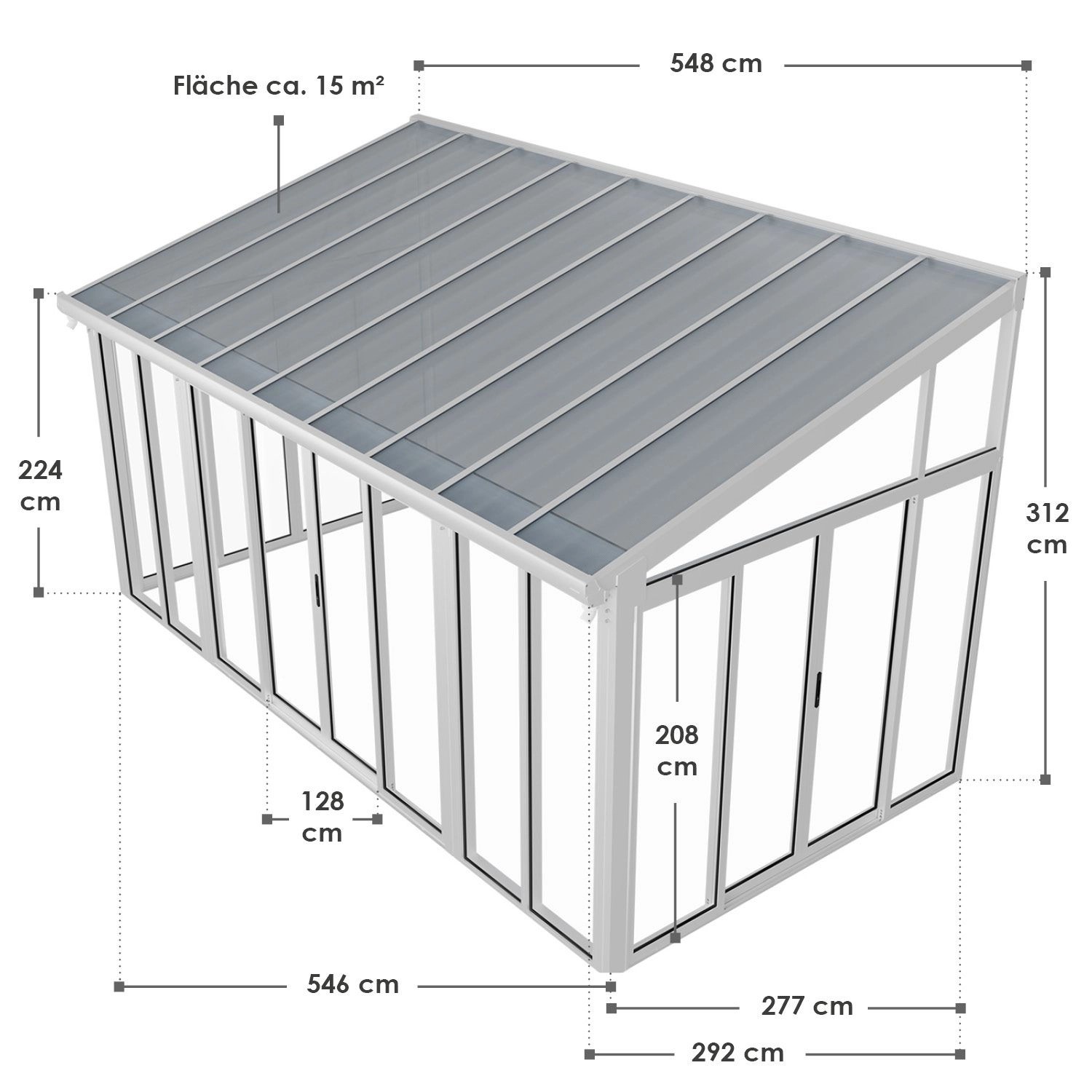 Weißer Juskys Wintergarten 292x548x312cm mit Maßangaben, ideal als wettergeschützter Outdoor-Wohnbereich.