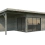 Palmako Gartenhaus Andrea Slide, grau tauchgrundiert, mit Schiebetüren und überdachtem Anbau.