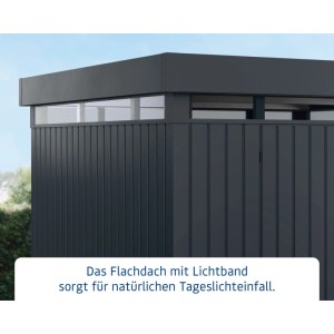 EcoStar Gerätehaus Euroline mit Flachdach und Lichtband in Anthrazit, Detailansicht.