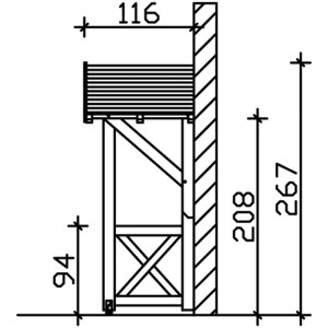 Technische Zeichnung: Skan Holz Haustür-Vordach Siegen 3 Natur, Maße 247x116cm, Details zu Ständern, Pfetten und Sparren.