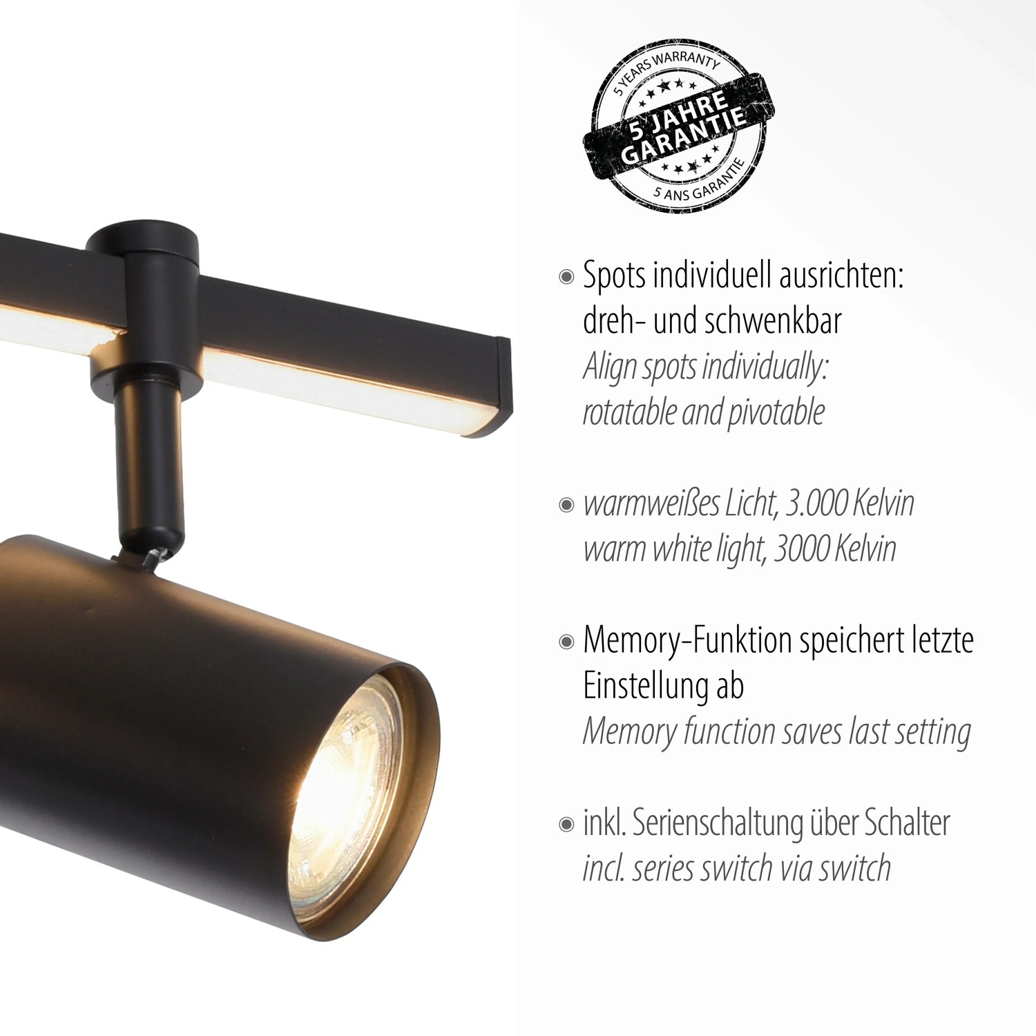 Schwarze Paul Neuhaus Barik Wand-/Deckenleuchte mit 2 Spots und LED-Leiste.