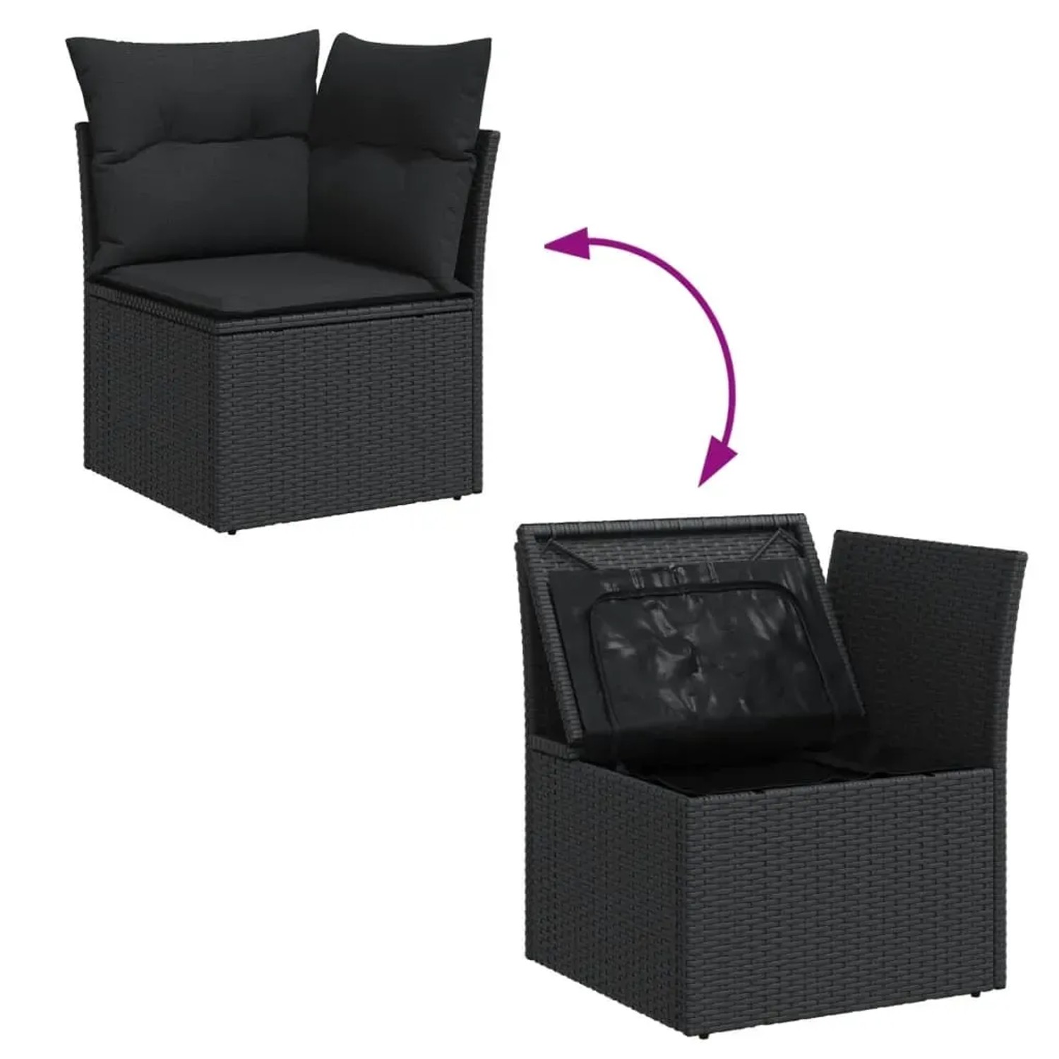 Schwarze vidaXL Garten-Sofagarnitur aus Rattan mit Kissen, mit Stauraum unter der Sitzfläche.