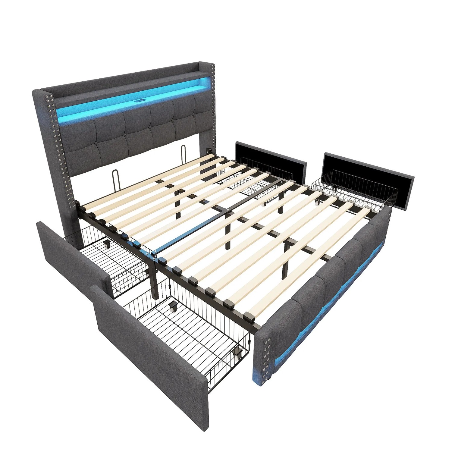 Merax Polsterbett 140x200cm LED USB Schubladen Leinen Grau