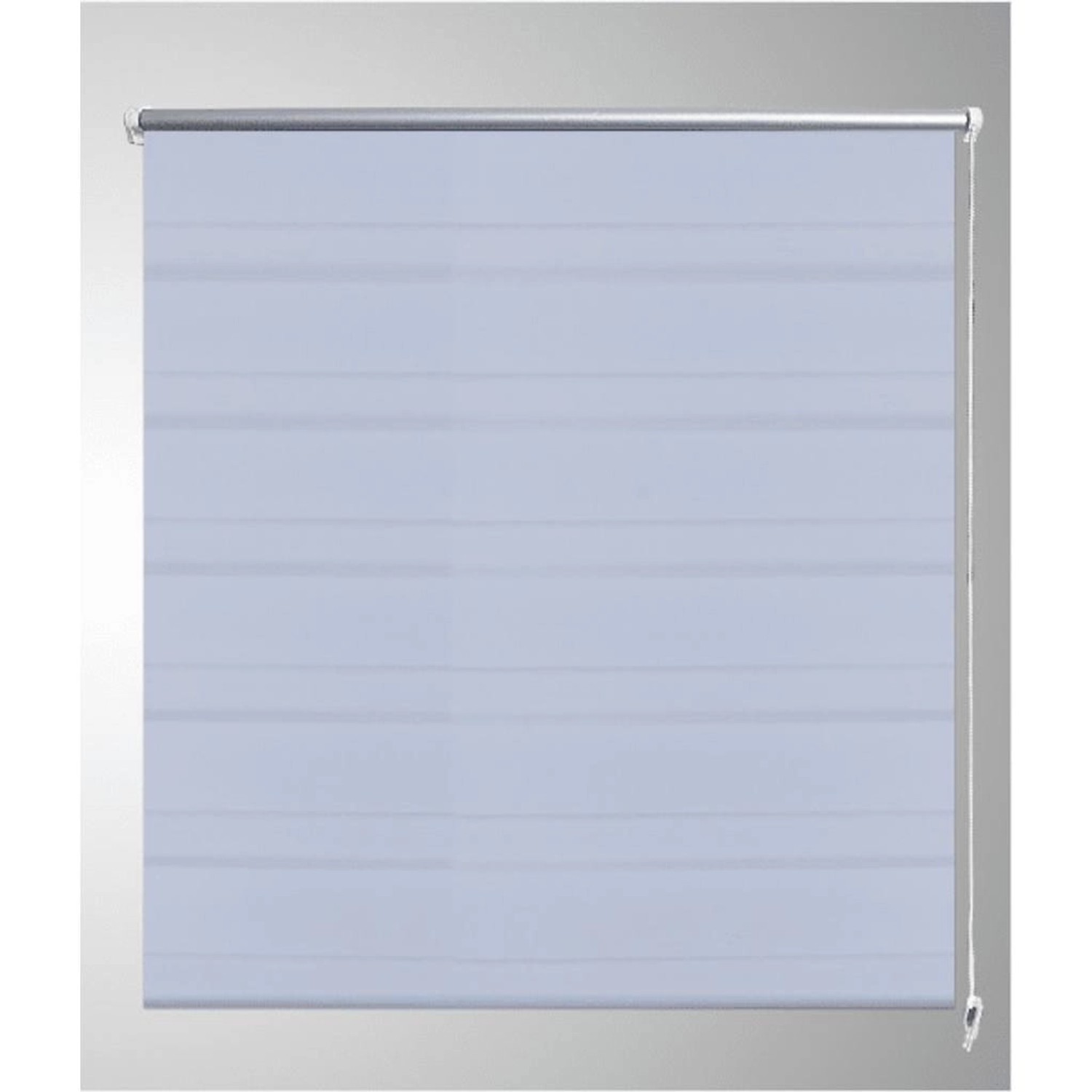 Weißes Doppelrollo 40x100 cm mit Seitenzug für Fenster, abwechselnd transparente und blickdichte Streifen.