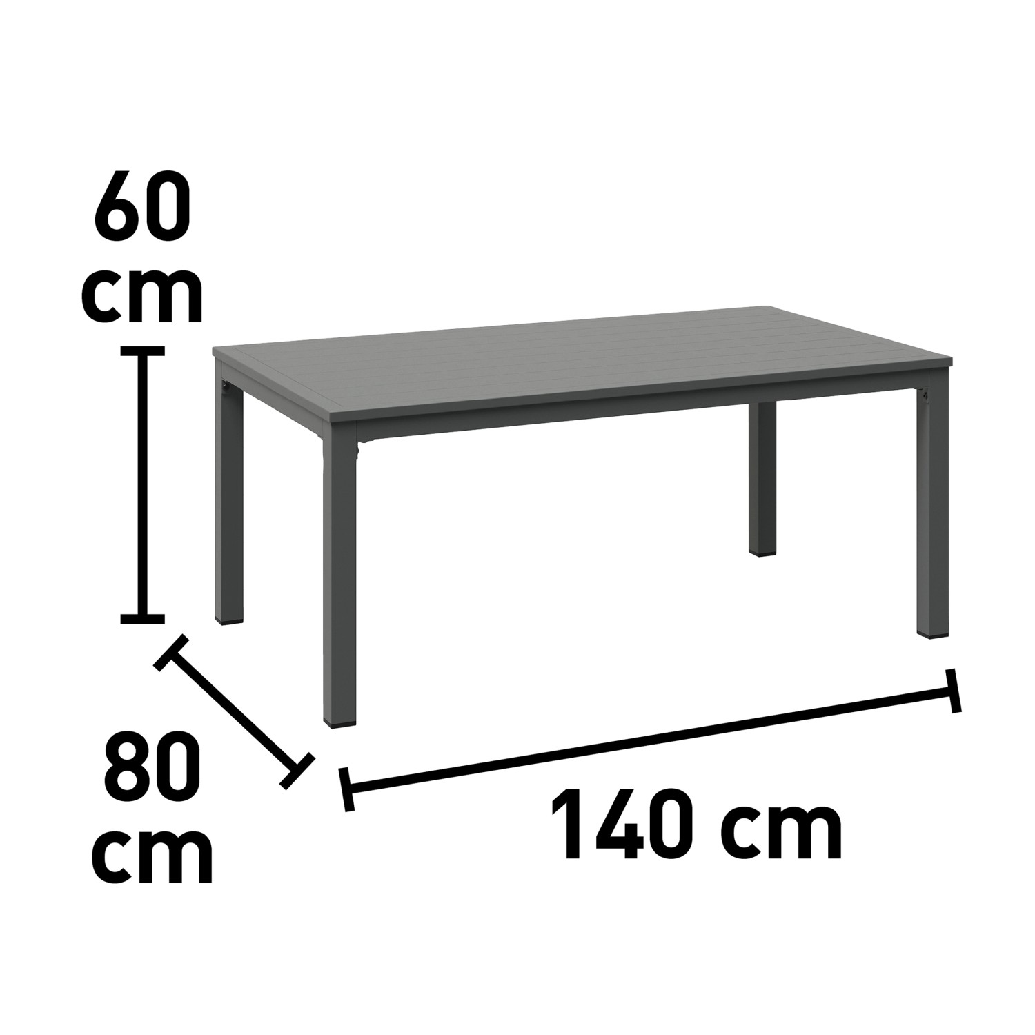 Tisch der Loungegruppe Moonbeam, anthrazitfarben, Maße 140x80x60 cm, ideal für Essgruppen im Garten.